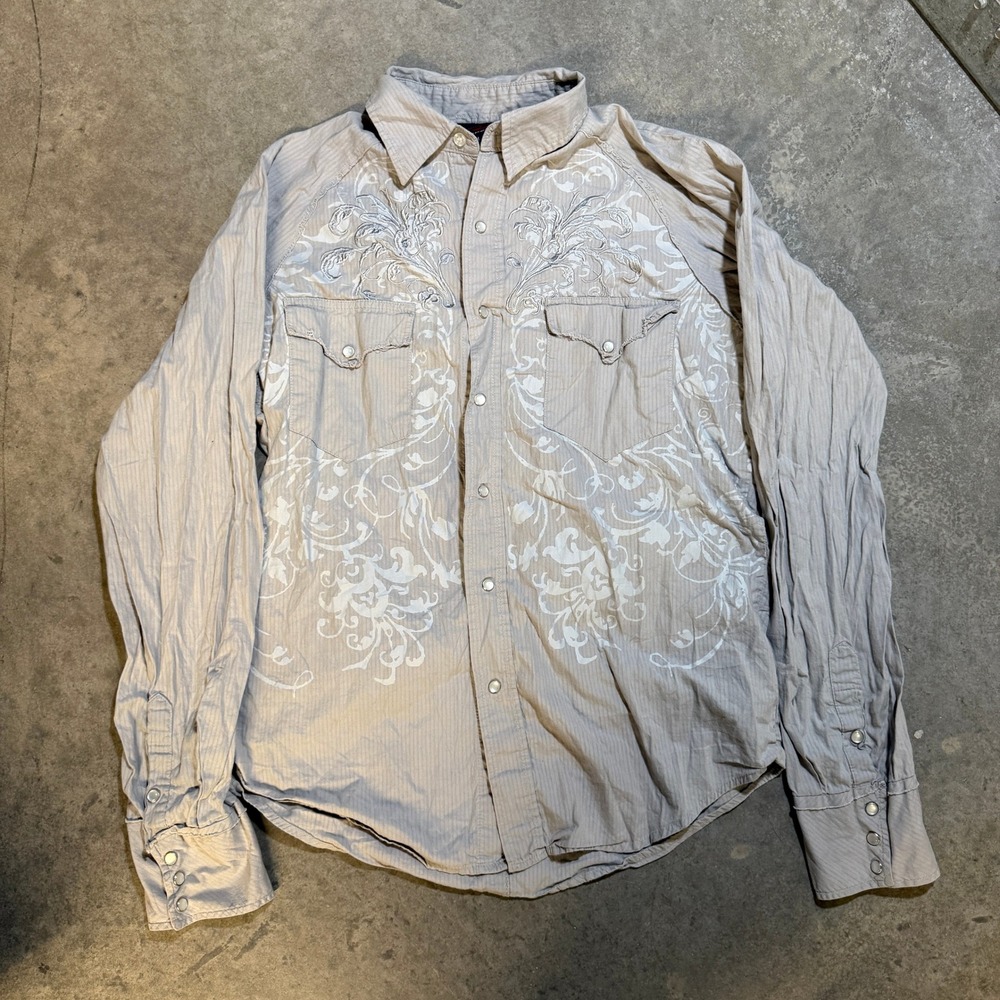 Roper‎ Mens Western Pearl Snap Shirt Tan Embroidered Scroll Long Sleeve Medium